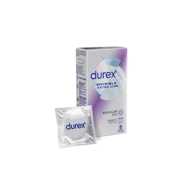 Durex Invisible Extra Lube prezervatīvi, standarta piegriezums, 8 gab.