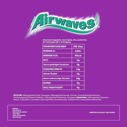 Airwaves bezcukura košļājamā gumija, vēsa Cassis košļājamā gumija, 30 x 12 dražejas, liels košļājamās gumijas iepakojums, bezcukura košļājamā gumija ar piparmētru svaigumu (360 dražejas)