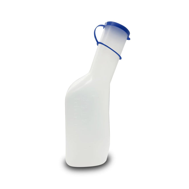 Pisuāra pudele vīriešiem, 1000 ml, caurspīdīga polipropilēna urīna pudele ar zilu vāku, kvadrātveida, pienaina ar vāciņu, urīna savākšanas trauks vīriešiem, aprūpei mājās, slimnīcai, ceļošanai