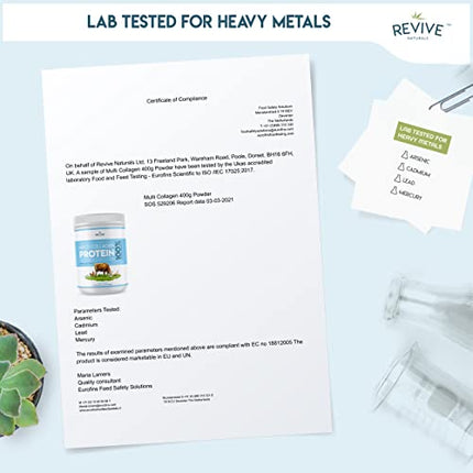 Revive Naturals multikolagēna proteīna pulveris - I, II, III, V un X tipi - hidrolizēta ar zāli barota liellopu gaļa, savvaļā noķertas zivis un brīvās turēšanas vistas gaļa, bez garšas, halāls - (400 g), pulveris