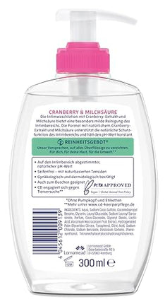 CD Wohlfühl Intim Wash Lotion, 300 ml, losjons intīmās zonas maigai attīrīšanai, ar dzērveņu ekstraktu un pienskābi, ķermeņa kopšana bez ziepēm, smalks aromāts, vegāns