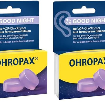 OHROPAX Good Night ausu aizbāžņi – no formējama silikona izgatavoti priekšausu aizbāžņi – piemēroti visām ausīm un visām gulēšanas pozām – skaņas izolācijas vērtība SNR 23 dB – mierīgam un atslābinošam miegam – 8 gabali