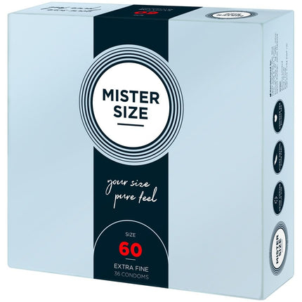 MISTER SIZE prezervatīvi, īpaši mīksti, 60 mm, 36 gab. iepakojumā/īpaši plāni, īpaši smalki, īpaši mitri/izgatavoti no 100% dabīgā lateksa kaučuka L - XL izmērā/dabiskas sajūtas, 36 gab. iepakojumā