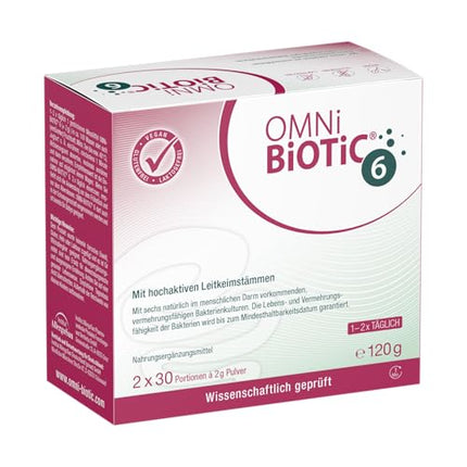 OMNi BiOTiC 6 | Stikls | 60 porcijas (120 g) | 6 baktēriju celmi | 4 miljardi baktēriju vienā dienas devā | Pulveris | Ar inulīnu | Vegāns | Bez glutēna | Bez laktozes | Ikdienas lietošanai