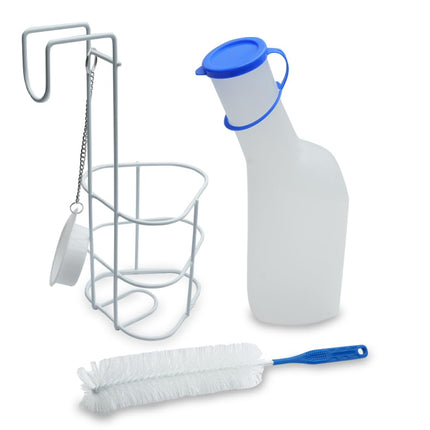 Pisuāra pudeles, turētāja un birstes komplekts vīriešiem | 3 daļu komplekts | 1000 ml PP urīna pudele ar pienainu vāku, ar tīrīšanas birsti un gultas turētāju/urīna pudeles turētāju ar vāku, ieskaitot ķēdīti un turētāju