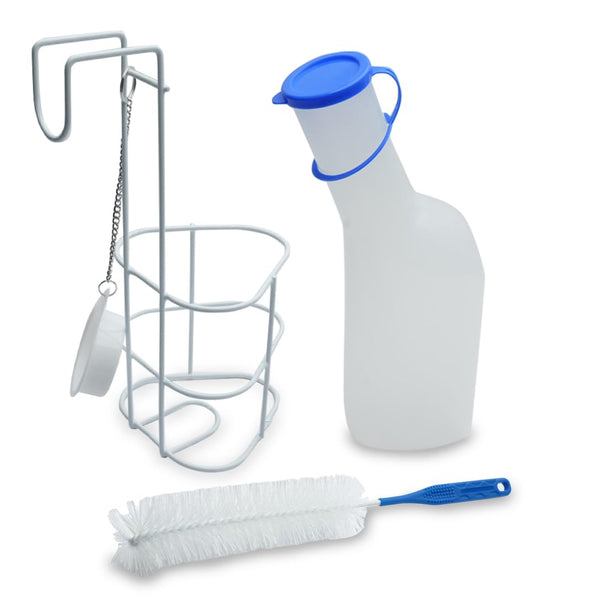 Pisuāra pudeles, turētāja un birstes komplekts vīriešiem | 3 daļu komplekts | 1000 ml PP urīna pudele ar pienainu vāku, ar tīrīšanas birsti un gultas turētāju/urīna pudeles turētāju ar vāku, ieskaitot ķēdīti un turētāju