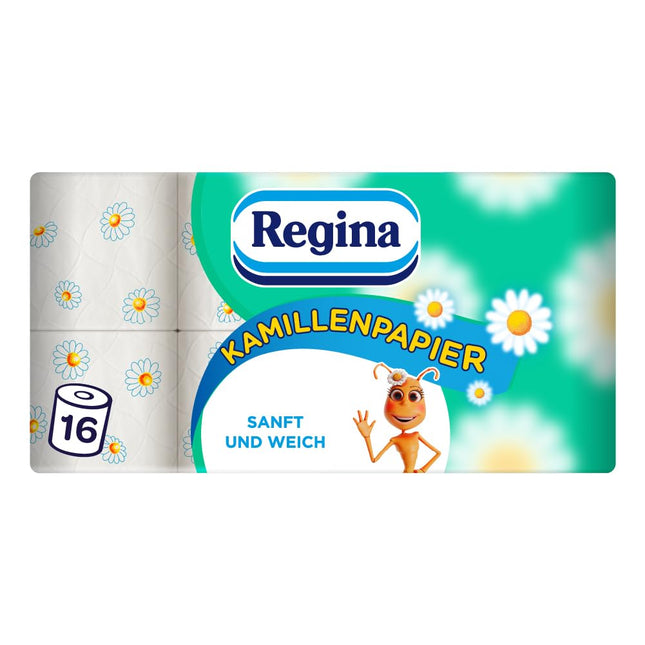 Regina kumelīšu papīrs, trīsslāņu tualetes papīrs – 16 ruļļu iepakojums, 150 loksnes rullī, mīksts un saudzīgs ar kumelīšu aromātu un FSC sertificēts papīrs