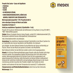 Medex Propolis Oral Junior, propolisa aerosols, mutes un rīkles aerosols, uz ūdens bāzes, BEZ spirta; ar pievienotu medu, salviju, niacīnu, egļu galiem, ar aplikatoru, bērniem no 3 gadu vecuma, 30 ml