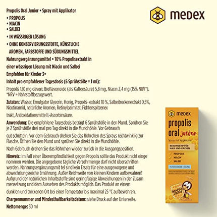 Medex Propolis Oral Junior, propolisa aerosols, mutes un rīkles aerosols, uz ūdens bāzes, BEZ spirta; ar pievienotu medu, salviju, niacīnu, egļu galiem, ar aplikatoru, bērniem no 3 gadu vecuma, 30 ml