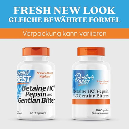 DOCTOR'S BEST betaīna hidrohlorīds ar pepsīnu un rūgto genciānu, 650 mg, 120 mīkstās kapsulas, augsta deva, laboratoriski pārbaudīts, bez sojas, bez glutēna, bez ĢMO, 113 g