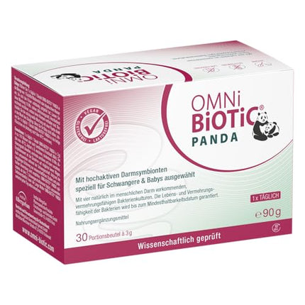 OMNi BiOTiC PANDA, 30 porcijas (90 g), 4 baktēriju celmi, 3 miljardi baktēriju vienā dienas devā, pulveris, vegāns, bez glutēna, bez laktozes, ikdienas lietošanai, piemērots mātei un bērnam