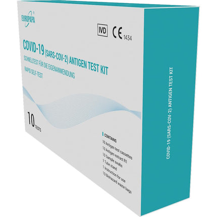 EUROPAPA® 10x koronavīrusa pašpārbaudes tests Covid-19 antigēna tests SARS-CoV-2 eksprestests pašpārbaudei testa kasete parauga uztriepes antigēna ekstrakts individuāli iepakots