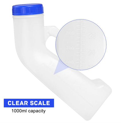 Pisuāra pudele vīriešiem un sievietēm, pisuāra pudeles, 1000 ml avārijas pisuārs, pārnēsājama mobilā tualetes urinēšanas pudele ar gultas turētāju, pisuāra pudele ar skrūvējamu vāciņu ceļošanai, avārijas gulta, kempings