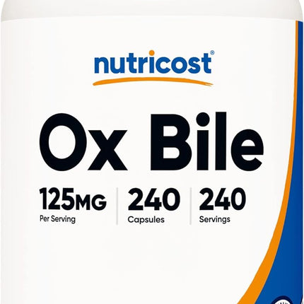 Nutricost Ox Bile kapsulas 125 mg, 240 Premium kapsulas – bez ĢMO, sojas, glutēna