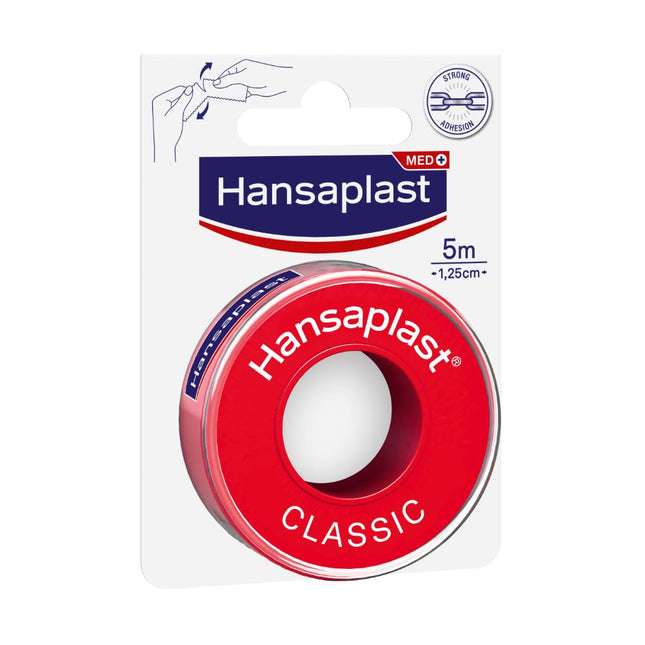 Hansaplast fiksācijas plāksteris Classic (5 m x 1,25 cm), lente brūču pārsēju vienkāršai un drošai fiksācijai, pašlīmējošs plāksteris rullis ar spēcīgu līmes spēku.