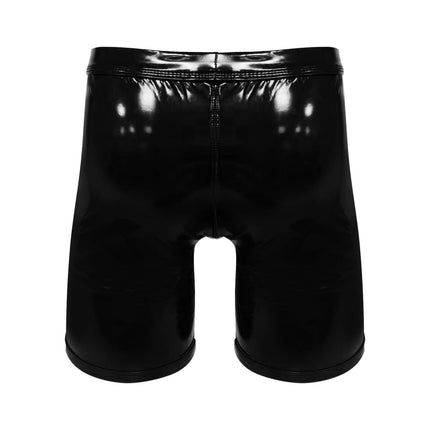 Bodywear4you vīriešu ādas bokseršorti ar spīdīgu lakādas izskatu, mitra izskata seksīga apakšveļa, kluba apģērba žokššorti ar atvērtu kājstarpi, šorti ar garām biksēm (melnas, XXL)