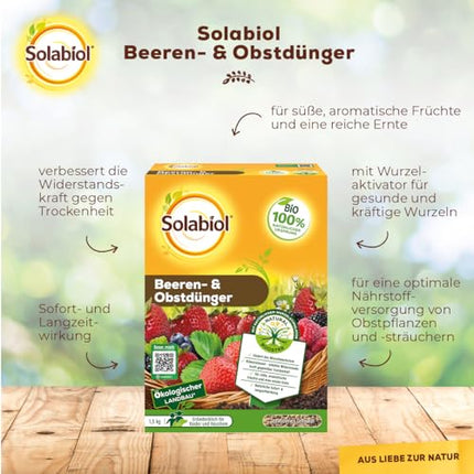 Solabiol ogu un augļu mēslojums, īpašs mēslojums ar tūlītēju un ilgtermiņa iedarbību visiem ogulājiem, sēkleņiem un kauleņaugiem 1,5 kg