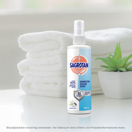 Sagrotan higiēnas pumpja aerosols – dezinfekcijas līdzeklis tekstilizstrādājumiem un virsmām mājās – 2 x 250 ml aerosola pudeles praktiskā izdevīgā iepakojumā