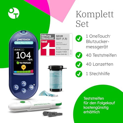OneTouch Ultra Plus Reflect asins glikozes līmeņa kontroles sistēma diabēta (cukura slimības) ārstēšanai, ieskaitot 1 asins glikozes mērītāju (mg/dl), 40 testa strēmeles, 1 lancetes, 40 lancetes, 1 pārnēsāšanas maciņu, 2 baterijas