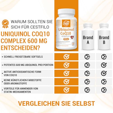 Ubiquinol CoQ10 600 mg mīkstās kapsulas - CoQ10 aktīvā forma plus E vitamīns un Omega 3, 6, 9 - uzlabots koenzīms Q10 60 kapsulas (1 iepakojums)