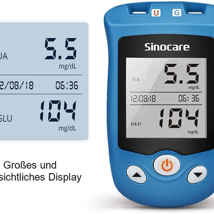 sinocare urīnskābes līmeņa asinīs mērītājs, Safe AQ UG asins glikozes mērītāja komplekts ar 50 asins glikozes testa strēmelītēm un 50 urīnskābes testa strēmelītēm (Safe UG komplekts ar testa strēmelītēm 50+50)