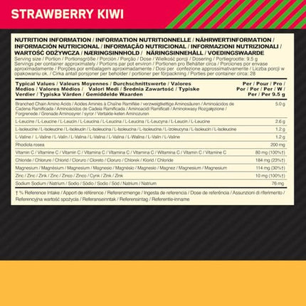 Optimum Nutrition Gold Standard BCAA Train + Sustain, aminoskābju pulveris lietošanai pirms treniņa, sporta dzēriens ar C vitamīnu, cinku, magniju un elektrolītiem, zemeņu-kivi garša, 28 porcijas, 266 g