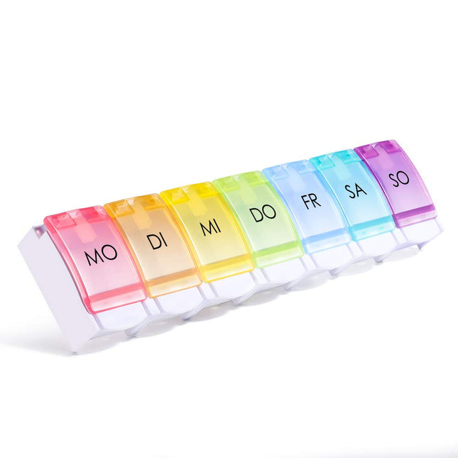 Opret tablešu kastīte vācu valodā, tablešu kastīte 7 dienu varavīksnes zāļu kastīte nedēļas tablešu kastīte maza, viegli atverama lietošanai ceļā