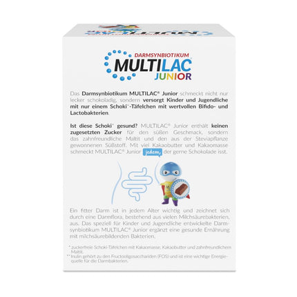 MULTILAC INTESTINAL SYNBIOTIK Junior ar 20 šokolādes tāfelītēm. Satur atlasītas bifidobaktērijas un laktobaktērijas ar inulīnu un 1 miljardu baktēriju. Bez cukura, bez glutēna, bez laktozes. Tikai reizi dienā.
