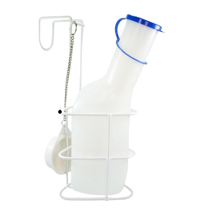 Urīna pudeļu komplekts ar gultas turētāju (urīna pudeles 1000 ml + gultas turētājs ar vāku), izturīga caurspīdīga PP urīna pudele ar vāciņu, viegli nolasāmas mērīšanas līnijas, pārnēsājama ceļojumiem