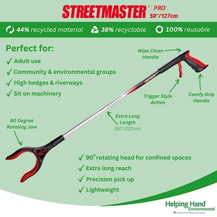 Palīdzības rokas kompānijas Streetmaster PRO īpaši garš atkritumu savācējs pieaugušajiem, daudzfunkcionāls satvērējs ar rotējošu galvu, ērti satverams, viegls atkritumu satvērējs, 127 cm