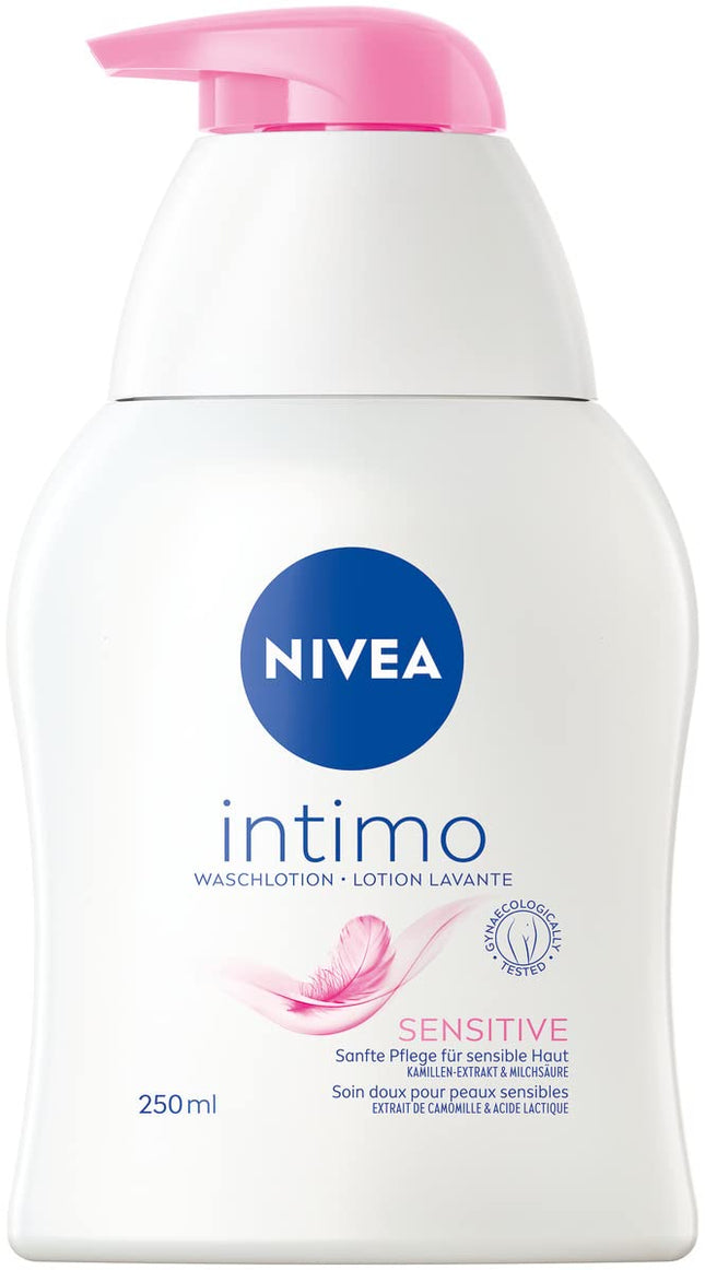 NIVEA Intimo Wash Lotion Sensitive (250 ml), intīmās zonas mazgāšanas gels ar pienskābi, kumelīšu ekstraktu un pantenolu, intīmās zonas mazgāšanas losjons jutīgai ādai