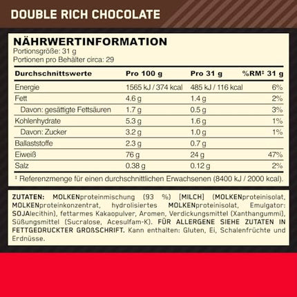 Optimum Nutrition Gold Standard 100% sūkalu proteīna pulveris muskuļu veidošanai un atjaunošanai ar dabiski sastopamu glutamīnu un BCAA aminoskābēm, dubulti bagātināta šokolāde, 29 porcijas, 899 g