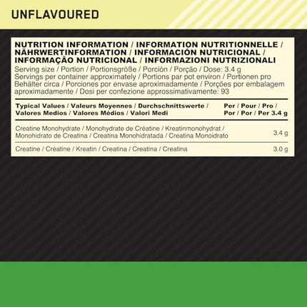 Optimum Nutrition mikronizēts kreatīna pulveris, 100% tīrs kreatīna monohidrāta pulveris, bez garšas, 93 porcijas, 317 g