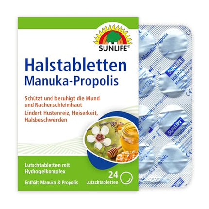 SUNLIFE Manuka-Propolisa kakla pastilas 1 x 24 gab. - Medus un propolisa tabletes - Rīkles pastilas pret klepu - Kakla sāpju pastilas - Pastilas ar Manuka un propolisu