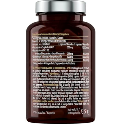ESSENSEY - Glikozamīns un hondroitīns MSM I 2600 mg aktīvās vielas uz ieteicamo dienas devu I 120 kapsulas I MSM 600 mg I 30 dienas devas I Viegli norijamas