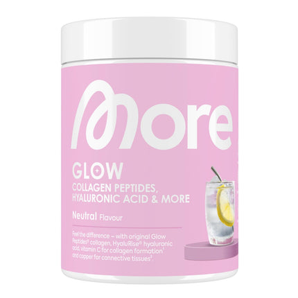 MORE Glow - kolagēna peptīdi un hialuronskābe, augstākās kvalitātes kolagēna un hialuronskābes pulveris ar varu, C vitamīnu un L-glicīnu, 300 g bundža, atbalsta svaigu ādu un saistaudus, neitrāls, ražots Vācijā
