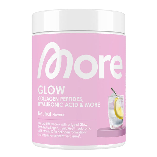 MORE Glow - kolagēna peptīdi un hialuronskābe, augstākās kvalitātes kolagēna un hialuronskābes pulveris ar varu, C vitamīnu un L-glicīnu, 300 g bundža, atbalsta svaigu ādu un saistaudus, neitrāls, ražots Vācijā