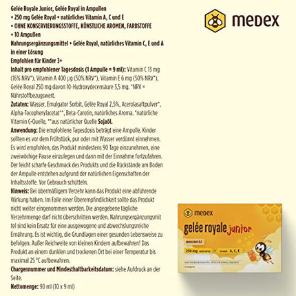Medex Royal Jelly JUNIOR, svaigs peru pieniņš 250 mg, ar dabīgiem A, C un E vitamīniem, lieliska garša, bez saldinātājiem, bērniem no 3 gadu vecuma, šķidrums ampulās 10 x 9 ml