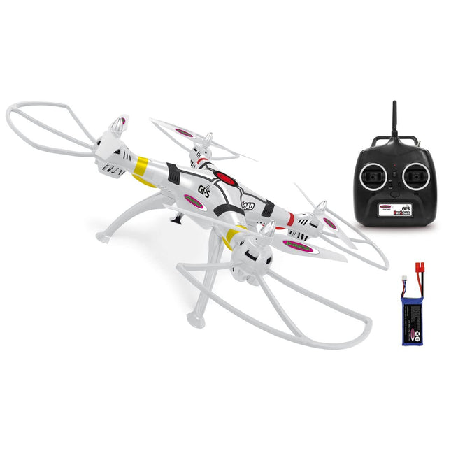 Jamara 422024 derīgās slodzes GPS drons ar augstuma atgriešanos mājās, pozīcijas noturēšanu, kompasu, LED virziena indikatoru un zema sprieguma brīdinājumu, 3 lidojuma režīmiem līdz 40 km/h, rotora lāpstiņu ātrās nomaiņas sistēmu.