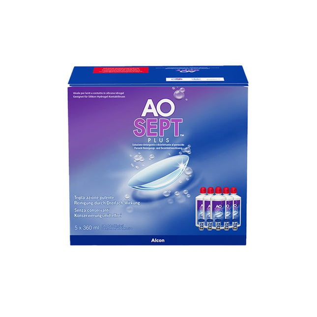 Aosept Plus kontaktlēcu kopšanas šķīdums, izdevīgs iepakojums, 5 x 360 ml