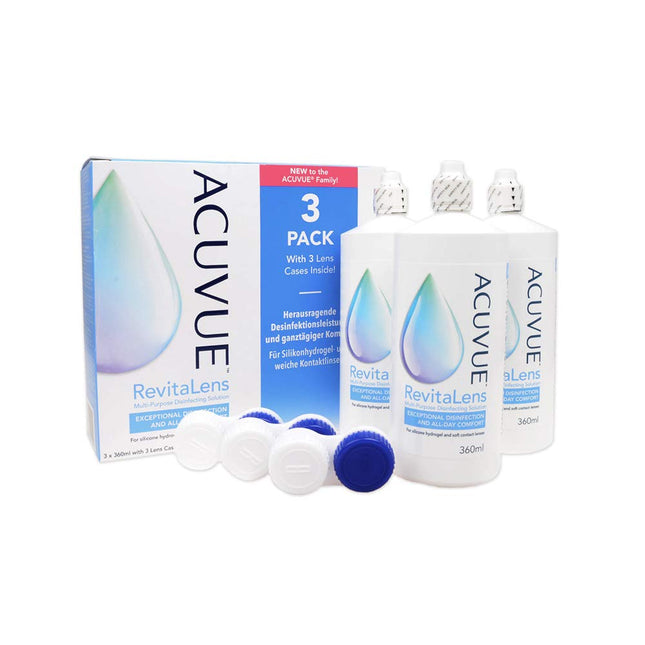 ACUVUE RevitaLens MPDS – Mīksts kontaktlēcu kopšanas un tīrīšanas līdzeklis ar pretmikrobu iedarbību – Iedarbība ilgāka par 16 stundām – 3 x 360 ml kombinētais šķīdums
