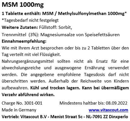 MSM - metilsulfonilmetāns - 720 tabletes - 2000 mg dienas deva (=2 tabletes) - 99,9% tīrība - LABORATORIJAS TESTĒTS - augsta deva - RAŽOTS VĀCIJĀ