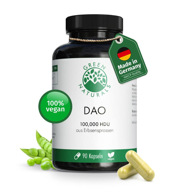 DAO kapsulas VEGĀNS — augsta deva: 100 000 HDU — 100 mg zirņu asnu pulvera vienā kapsulā vienkāršai dozēšanai — aptiekas kvalitāte — 90 kapsulas — Green Naturals®