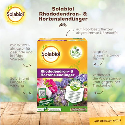 Solabiol rododendru un hortenziju mēslojums, īpašs mēslojums ar tūlītēju un ilgtermiņa iedarbību rododendriem, hortenzijām un citiem purva augiem, 1,5 kg
