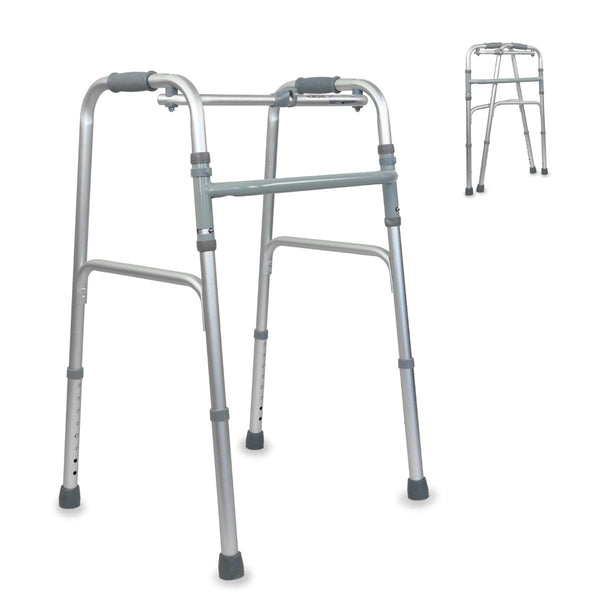 Mobiclinic®, staigāšanas palīglīdzeklis, staigāšanas rāmis, šaurs, stabils, salokāms, 4 gumijas pēdas, izgatavots no alumīnija, viegls, Eiropas zīmols, regulējams augstums, ergonomiski rokturi, tikai 2,5 kg, sudraba, modeļa kolonna