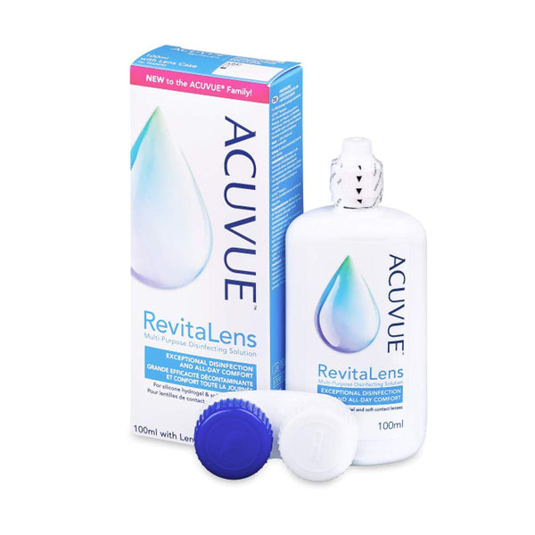 ACUVUE RevitaLens MPDS – Mīksts kontaktlēcu kopšanas un tīrīšanas līdzeklis ar pretmikrobu iedarbību – Iedarbība ilgāka par 16 stundām – Ceļojuma izmērs – 1 x 100 ml kombinētais šķīdums