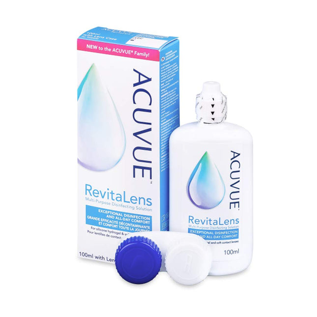 ACUVUE RevitaLens MPDS – Mīksts kontaktlēcu kopšanas un tīrīšanas līdzeklis ar pretmikrobu iedarbību – Iedarbība ilgāka par 16 stundām – Ceļojuma izmērs – 1 x 100 ml kombinētais šķīdums