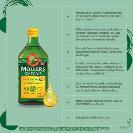 Möller's Omega 3 mencu aknu eļļa | Ziemeļvalstu Omega 3 uztura bagātinātājs ar EPA, DHA, A, D un E vitamīniem | Izcilas garšas balva | Augstas tīrības dabīgs | 165 gadus vecs zīmols | Citrons | 500 ml