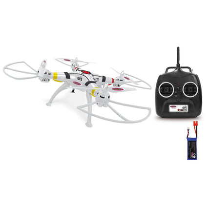 Jamara 422024 derīgās slodzes GPS drons ar augstuma atgriešanos mājās, pozīcijas noturēšanu, kompasu, LED virziena indikatoru un zema sprieguma brīdinājumu, 3 lidojuma režīmiem līdz 40 km/h, rotora lāpstiņu ātrās nomaiņas sistēmu.