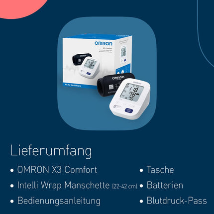 OMRON X3 Comfort — automātisks augšdelma asinsspiediena mērītājs | "Labs" Stiftung Warentest 09/20, klīniski apstiprināts | arī diabēta slimniekiem un grūtniecēm | 22–42 cm Intelli Wrap aproce — droša lietošana